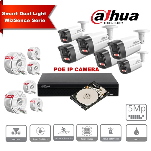 [IPDH-DLW6B-5M] DAHUA Smart Dual Light WizSense-serie Active Deterrence 30m IP-camerakit - 6x 5 megapixel 2,8 mm camerabullet + 8 kanalen POE NVR + 4 TB max. 8x camera