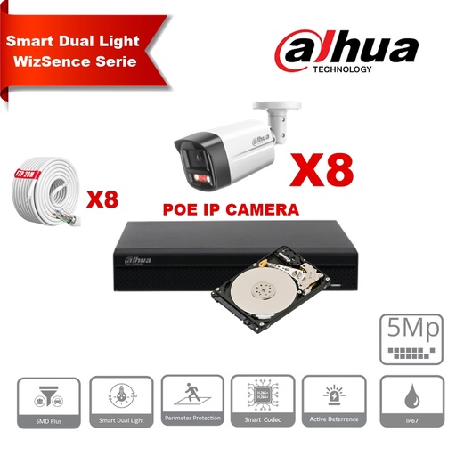 [IPDH-DLW8B-5M] DAHUA Smart Dual Light WizSense Active Deterrence Series 30m IP Camera Kit - 8x 5 Megapixel 2.8mm Camera Bullet + 8 Channels POE NVR + 4TB 