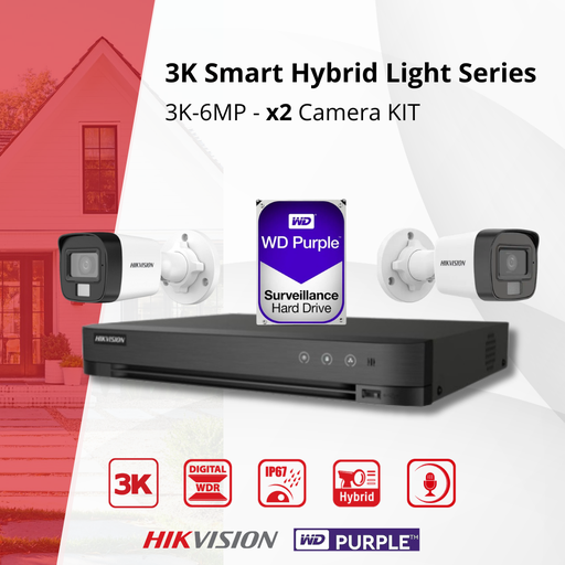 [TVIKIT3K-B2] HIKVISION Set 3K Dual Light - 2x Bullet Camera 3K (6MP) Dual Light Audio Binnen/Buiten - DVR 8-kanaals - 1TB HDD