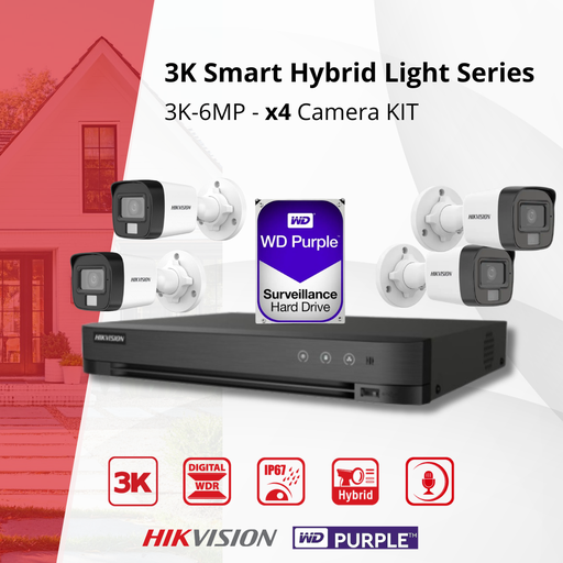 [TVIKIT3K-B4] HIKVISION Set 3K Double Éclairage - 4x Caméra Canon 3K (6MP) Double Éclairage Audio Intérieur/Extérieur - DVR 8 Canaux - Disque Dur 1 To 