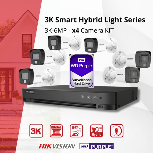 [TVIKIT3K-B6] HIKVISION Set 3K Dual Light  - 6x Bullet Camera  3K(6MP) Dual Light Audio  Indoor/Outdoor- DVR 8 Channel -  2TB HDD