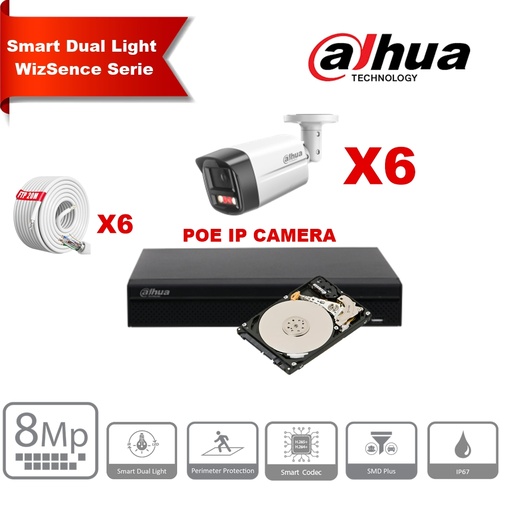 [IPDH-DLW6B-8M] Kit de caméras IP DAHUA Smart Dual Light WizSense   Series 30 m - 6 caméras Bullet 8 mégapixels 2,8 mm + NVR POE 8 canaux + 4To max. 8 caméras  