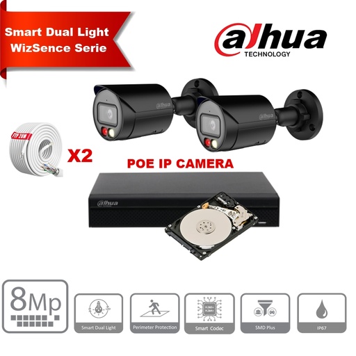 [IPDH-DLW2BB-8M] Kit de caméras IP DAHUA Smart Dual Light WizSense  Series 30 m - 2 caméras Bullet 8 mégapixels 2,8 mm NOIR+ NVR POE 8 canaux + 2 To max. 8 caméras 
