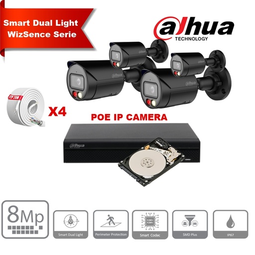 [IPDH-DLW4BB-8M] Kit de caméras IP DAHUA Smart Dual Light WizSense  Series 30 m - 4 caméras Bullet 8 mégapixels 2,8 mm + NVR POE 8 canaux + 2 To max. 8 caméras 
