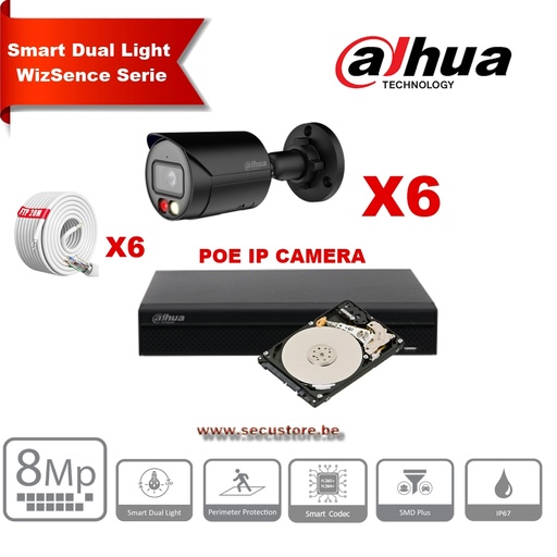 [IPDH-DLW6BB-8M] DAHUA Smart Dual Light WizSense Active Deterrence Series 30m IP Camera Kit - 6x 8Megapixel 2.8mm Camera Bullet  Black+ 8 Channels POE NVR + 4TB Max 8x Camera 