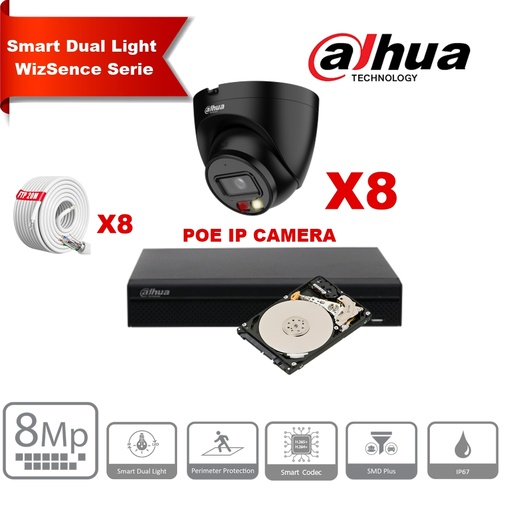 [IPDH-DLW8TB-8M] Kit de caméras IP DAHUA Smart Dual Light WizSense   Series 30 m - 8 Camera Turret 8 mégapixels 2,8 mm  Noir+ NVR POE 8 canaux + 4To  