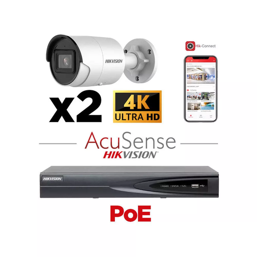 [IPACS-G2H-2B-WH] HIKVISION Camera Kit Acusense - Smart Hybrid Light met ColorVu Serie - 2x IP-camera Bullet 4k-8MP Actief stroboscooplicht en audio-alarm - NVR Acusense NXI Serie 8x kanaal met POE - Harde schijf 4 TB Uitbreidbaar tot maximaal 4x IP-camera