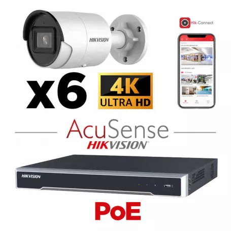 [IPACS-G2H-6B-WH] HIKVISION Acusense - Camera Kit - 6x Caméra IP Bullet 4k-8MP Éclairage hybride intelligent avec ColorVu Série -  Lumière stroboscopique active et alarme audio -NVR Acusense Série NXI 8x Canaux avec POE - Disque dur 6 To extensible jusqu'à 8x Caméra IP 