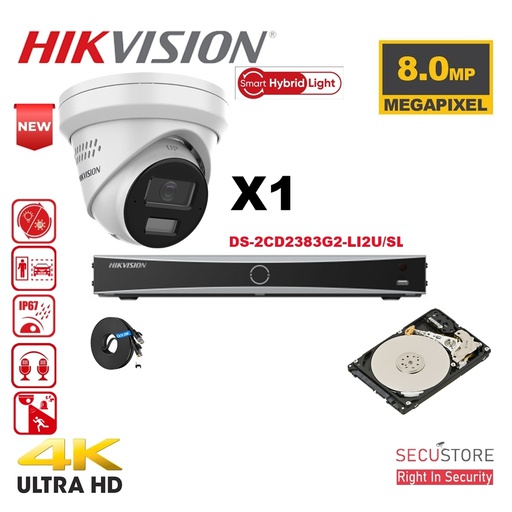 [IPAC-G2H-1T-WH] HIKVISION Camera Kit Acusense - Smart Hybrid Light e - 1x IP Camera Turret 4k-8MP Actief stroboscooplicht en audio-alarm - NVR Acusense NXI Serie 4xChannel met POE - Harde schijf 2TB Uitbreidbaar tot maximaal 4x IP-camera