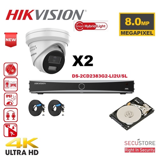 [IPAC-G2H-2T-WH] HIKVISION Camera Kit Acusense - Smart Hybrid Light e - 2x IP Camera Turret 4k-8MP Actief stroboscooplicht en audio-alarm - NVR Acusense NXI Serie 4xChannel met POE - Harde schijf 2TB Uitbreidbaar tot maximaal 4x IP-camera