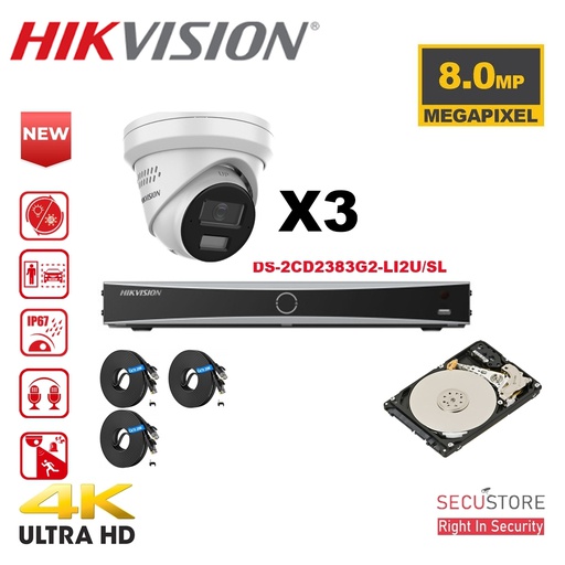 [IPAC-G2H-3T-WH] HIKVISION Camera Kit Acusense - Smart Hybrid Light e - 3x IP Camera Turret 4k-8MP Active Strobe Light and Audio Alarm - NVR Acusense NXI Series 4xChannel with POE - Hard Drive 2TB Expandable up to 4x IP Cameras  