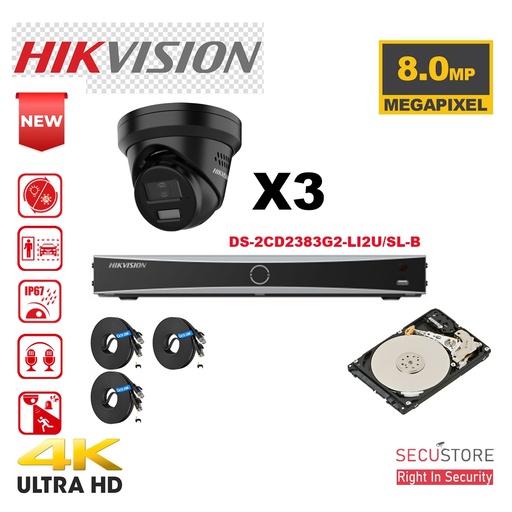[IPAC-G2H-3T-BL]  Kit caméra HIKVISION Acusense - Éclairage hybride intelligent - 3 caméras IP tourelle 4K-8MP NOIR avec stroboscope actif et alarme sonore - NVR Acusense série NXI 4 canaux avec PoE - Disque dur 2 To extensible jusqu'à 4 caméras IP