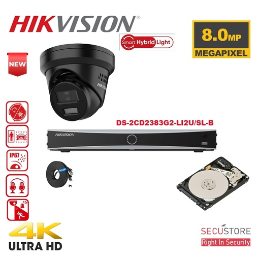 [IPKIT04-T4B] HIKVISION Acusense Camera Kit Up to 4x - Smart Hybrid Lighting - 4K-8MP Black IP Turret Camera with Active Strobe Light and Audio Alarm - Dual Microphones - Acusense NXI Series 4x Channel NVR with PoE for up to 4x IP Cameras (copy)