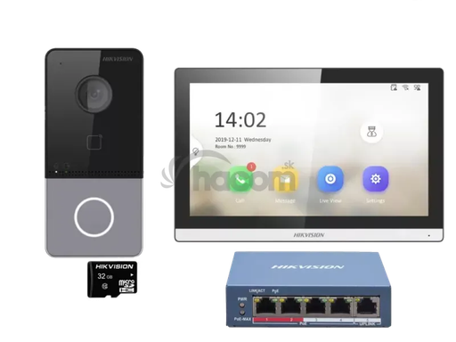 [DS-KIS607-S] Hikvision DS-KIS607-S IP kit DS-KV6113-PE1(C), DS-KH6350-WTE1, 4-port PoE switch, SD IP-PoE video intercom kit, 1x call button, surface mount, 7-inch Wi-Fi touchscreen monitor + 5-port PoE switch