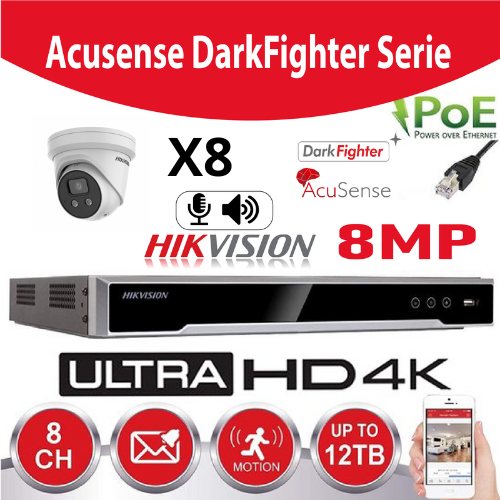 [IHIK-DF-8T] Hikvision IP-Kit Accusense G2 8 x DS-2CD2386G2-IU 8MP Darkfighter / Acusense Audio Turret Camera -  recorder NVR 8channel DS-7608NXI-K1/8P - 6TB Hard Disk installed