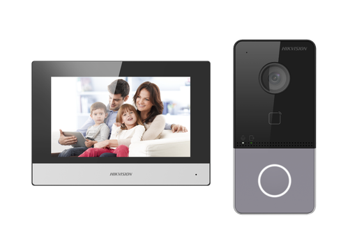 [DS-KIS603-P(B)] Hikvision  DS-KIS603-P(B)  IP-POE video-intercomkit 1x oproepknop Opbouwmontage - 7 inch touchscreen WIFI-monitor